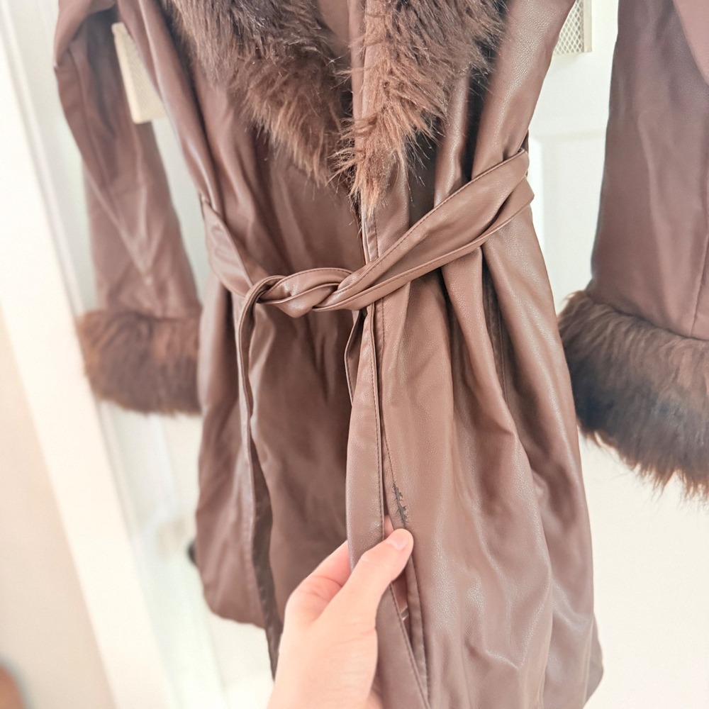 Show Me Your Mumu Penny Lane Faux Leather Fur Coat Brown Small Y2K Style - Picture 4 of 6